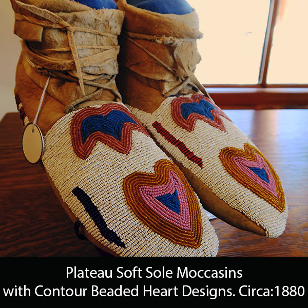 Plateau Soft Sole Moccasins, with contour beaded heart designs. Circa:1880