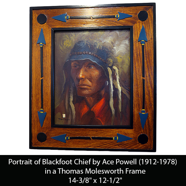 Portrait of Blackfoot Chief by Ace Powell (1912-1978) in a Thomas Molesworth frame. 14-3/8" x 12-1/2"